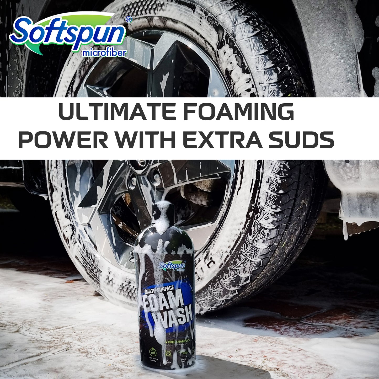 SOFTSPUN Microfiber 340gsm 4pcs Multicolor 40x40cm + 1L Car & Bike Premium Liquid Shampoo Combo | Extra Suds, Removes Tough Dirt & Grime | pH Neutral | Works with Bucket & Foam Cannon