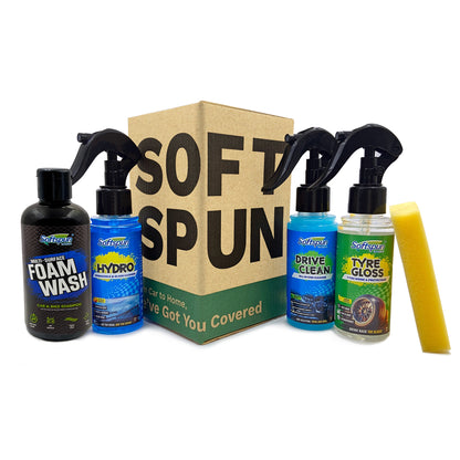 SOFTSPUN Essentials Car Clean & Wash Starter Kit - Made for Cars and Motorcycles 5 Piece Kit, Includes 200ml Shampoo, 100ml Windshield Washer,100ml Tyre Polish, 100ml Multi-Purpose Cleaner, 1 Foam
