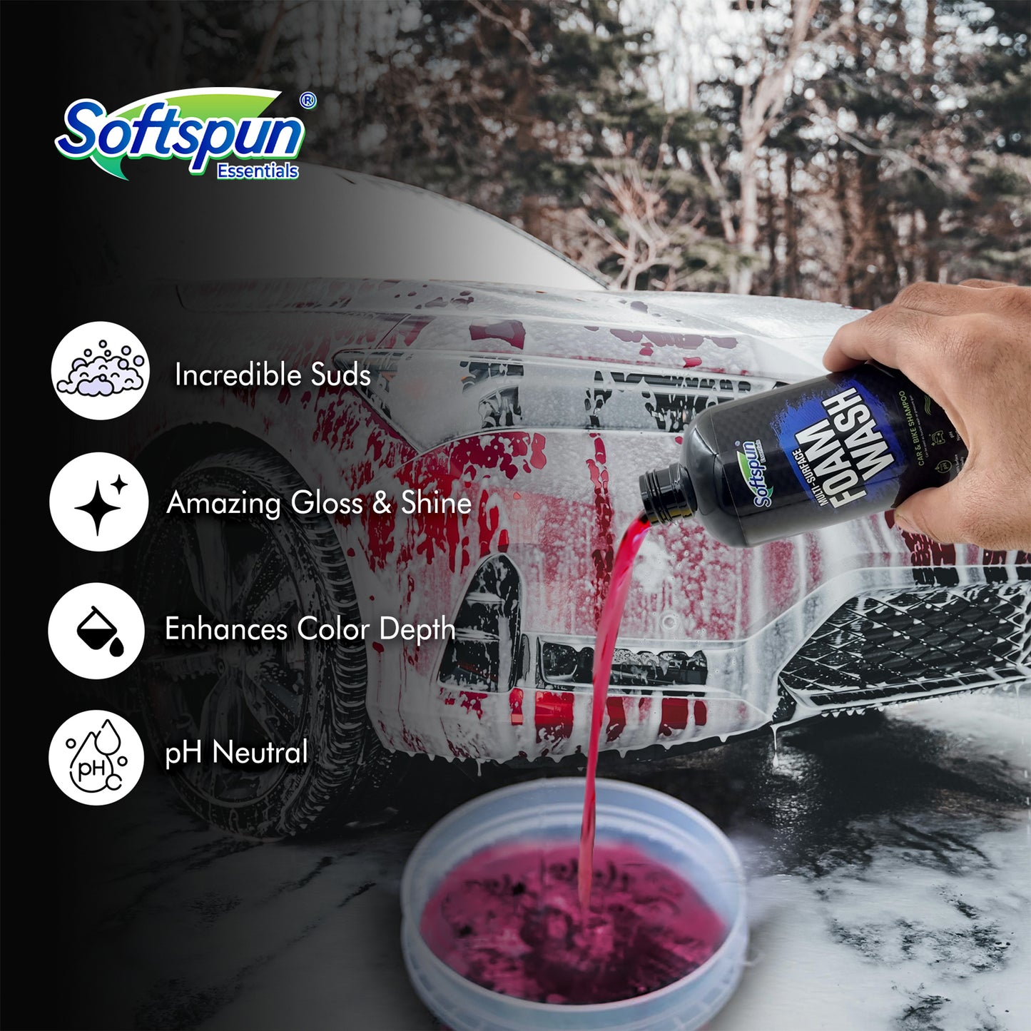 SOFTSPUN Essentials Car Clean & Wash Starter Kit - Made for Cars and Motorcycles 5 Piece Kit, Includes 200ml Shampoo, 100ml Windshield Washer,100ml Tyre Polish, 100ml Multi-Purpose Cleaner, 1 Foam