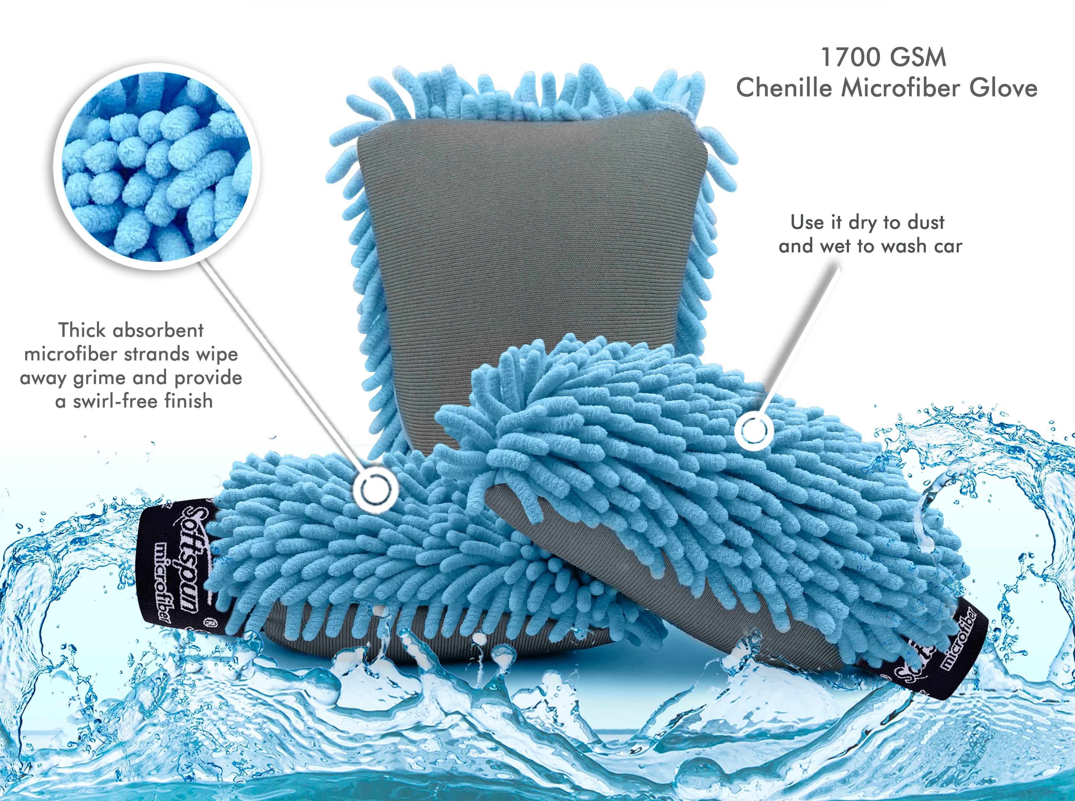 SOFTSPUN Microfiber Chenille & Glass Cloth Mitt, 3 Piece Combo 1700 GSM , Multi-Purpose Super Absorbent and Perfect Wash Clean with Lint-Scratch Free Home, Kitchen, Window, Dusting!