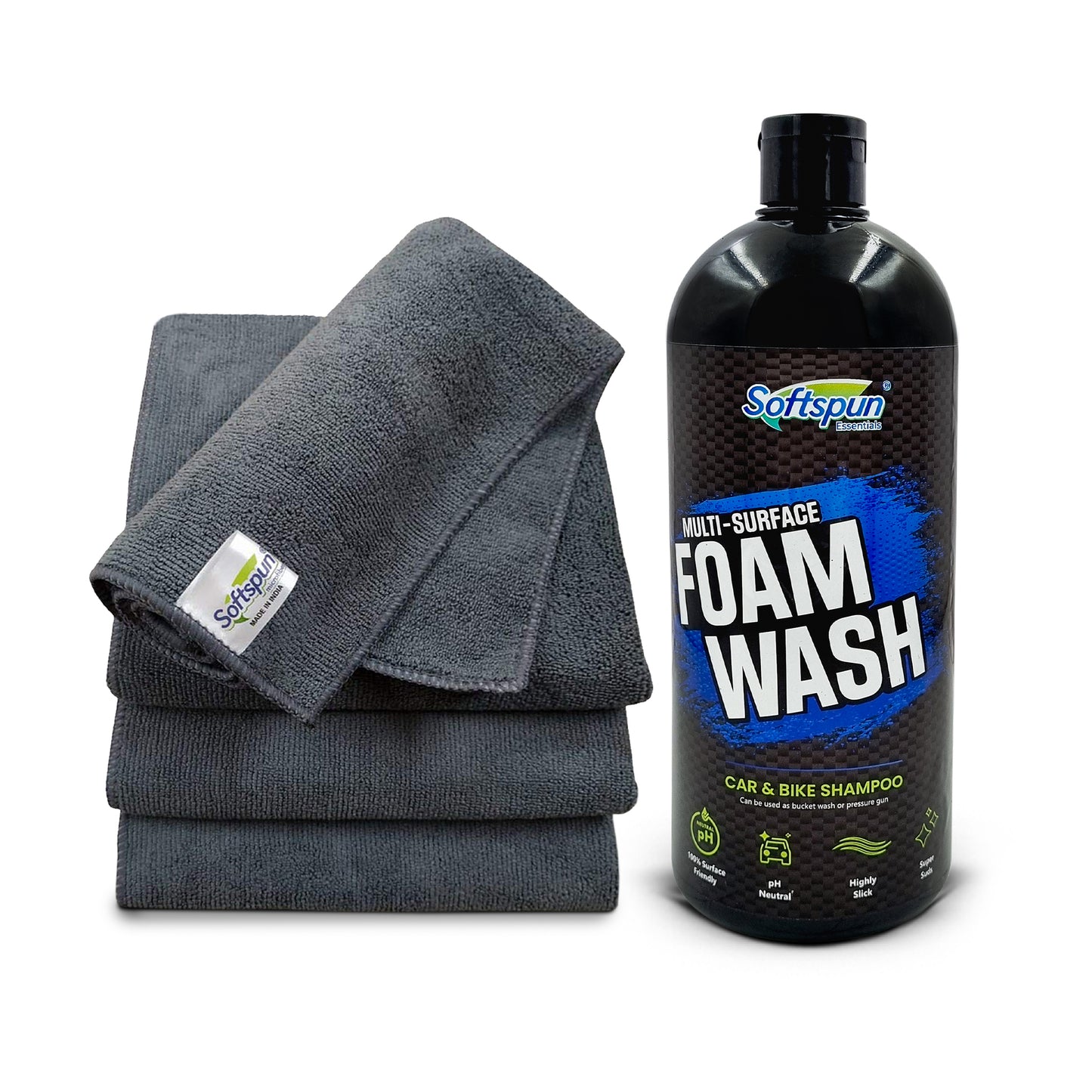 SOFTSPUN Essentials 1 ltr Car shampoo combo 40x40cm 340gsm 4pcs Grey! Car & Bike Premium Liquid Shampoo Combo | Extra Suds, Removes Tough Dirt & Grime | pH Neutral | Works with Bucket &Foam Cannon.