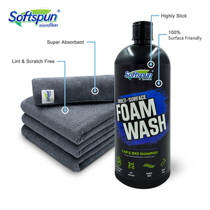 SOFTSPUN Essentials 1 ltr Car shampoo combo 40x40cm 340gsm 4pcs Grey! Car & Bike Premium Liquid Shampoo Combo | Extra Suds, Removes Tough Dirt & Grime | pH Neutral | Works with Bucket &Foam Cannon.