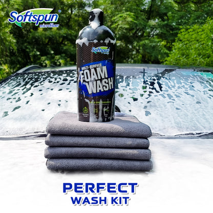 SOFTSPUN Essentials 1 ltr Car shampoo combo 40x40cm 340gsm 4pcs Grey! Car & Bike Premium Liquid Shampoo Combo | Extra Suds, Removes Tough Dirt & Grime | pH Neutral | Works with Bucket &Foam Cannon.