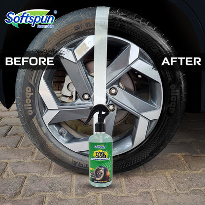 SOFTSPUN Essentials Tyre Gloss, Wet Look Shine Spray, 300ml, For Car & Bike With Applicator Pad, Hydrates Dry Tires, Gives UV Protection & Long Lasting High Gloss, Easy to Use & Water Repellent