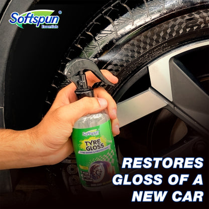 SOFTSPUN Essentials Tyre Gloss, Wet Look Shine Spray, 300ml, For Car & Bike With Applicator Pad, Hydrates Dry Tires, Gives UV Protection & Long Lasting High Gloss, Easy to Use & Water Repellent