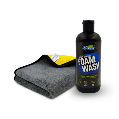 SOFTSPUN Microfiber & Car Shampoo Combo | 800gsm 30x40cm 1Pc Yellow/Grey+ 300mL Car & Bike Premium Liquid Shampoo | Thick Foam Removes Tough Dirt & Grime | pH Neutral | Works with Bucket & Foam Cannon