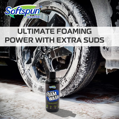 SOFTSPUN Microfiber & Car Shampoo Combo | 800gsm 30x40cm 1Pc Yellow/Grey+ 300mL Car & Bike Premium Liquid Shampoo | Thick Foam Removes Tough Dirt & Grime | pH Neutral | Works with Bucket & Foam Cannon