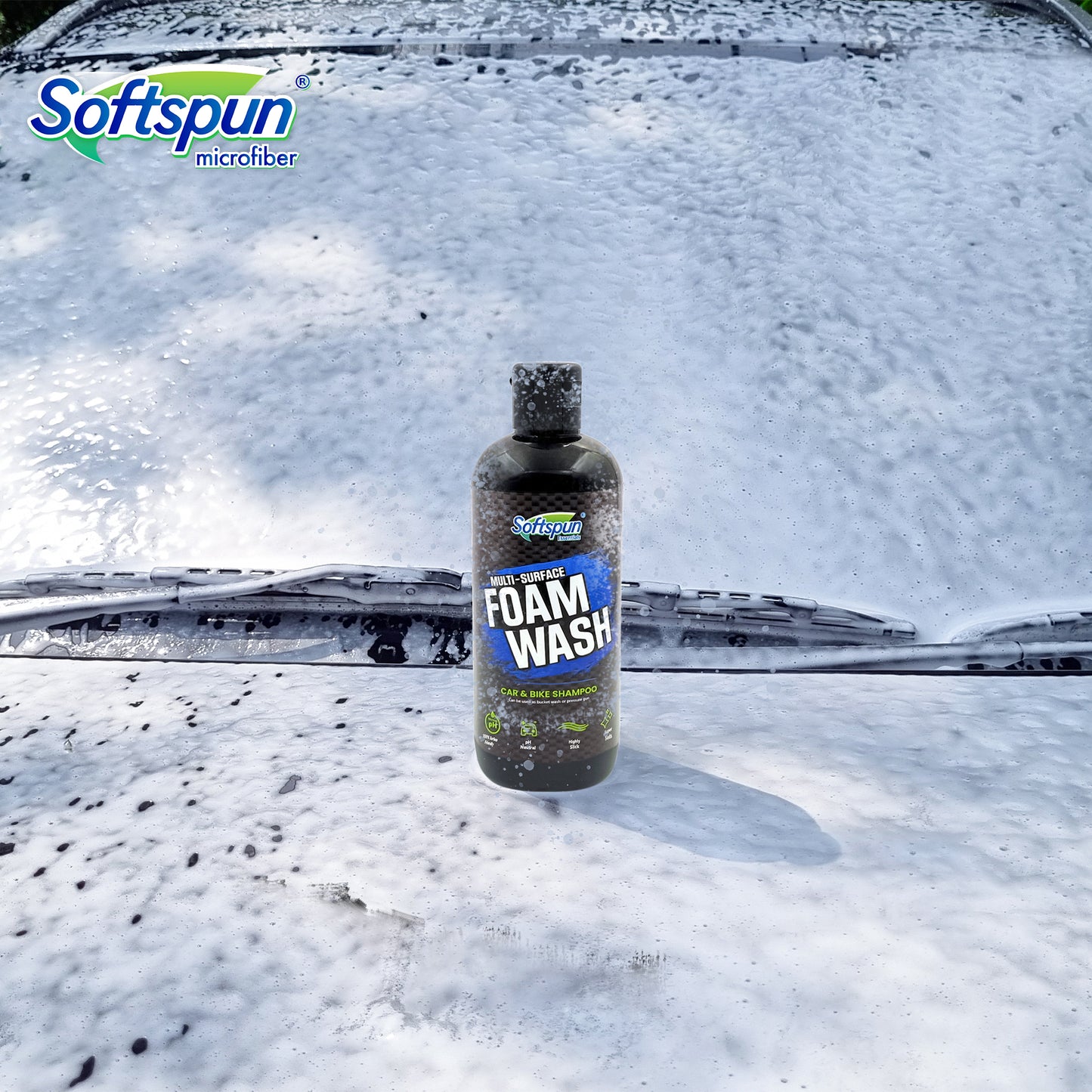 SOFTSPUN Microfiber & Car Shampoo Combo | 800gsm 30x40cm 1Pc Yellow/Grey+ 300mL Car & Bike Premium Liquid Shampoo | Thick Foam Removes Tough Dirt & Grime | pH Neutral | Works with Bucket & Foam Cannon