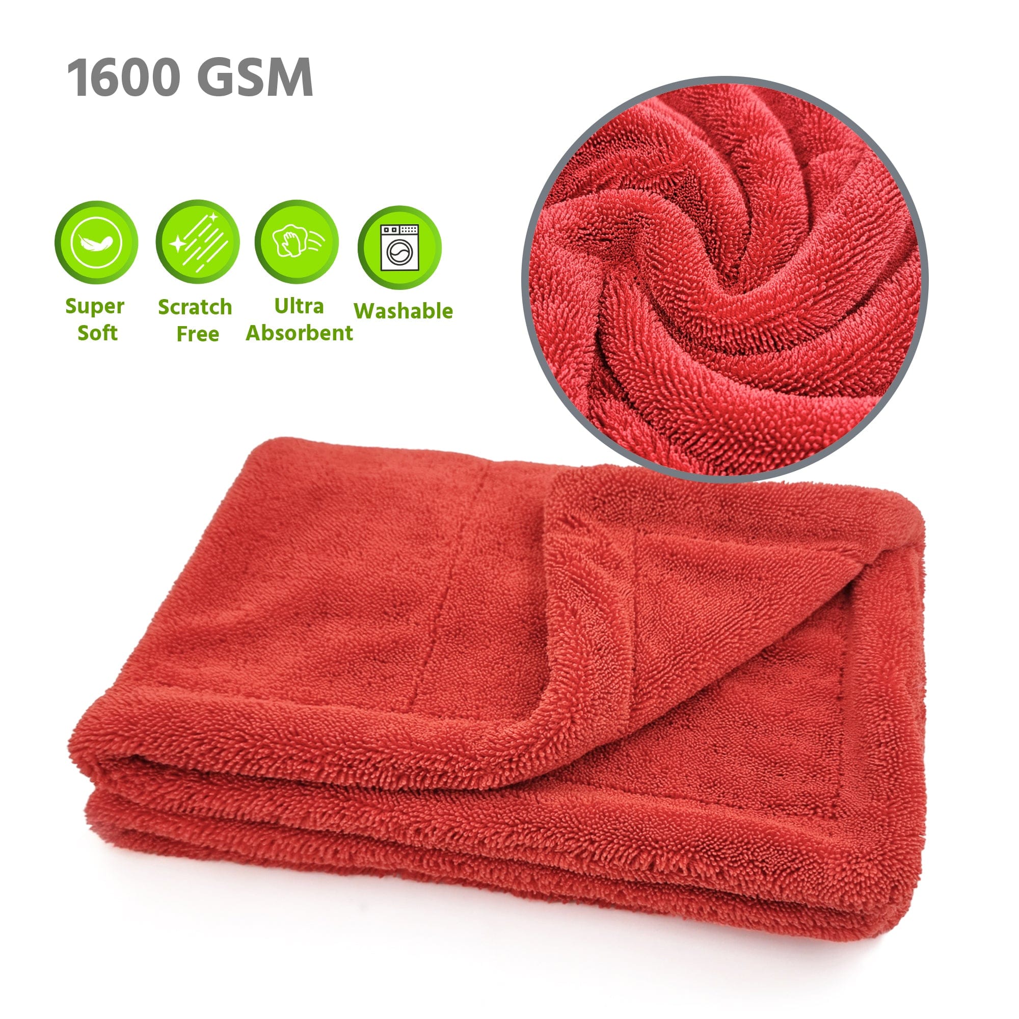 SOFTSPUN Microfiber Cloth for Car - 1600 GSM, Twisted Loop Super Absorbent Towel - Edgeless Design with Plush Pile and Lint Free Cloth for Drying and Detailing.