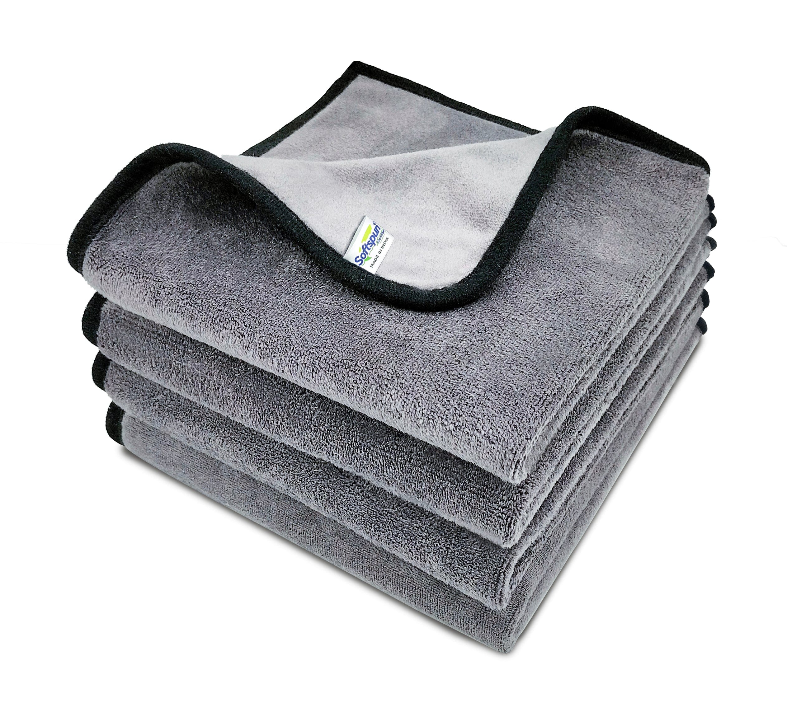 SOFTSPUN Microfiber Super Absorbent Cloth, 500 GSM, Grey! Silk Banded Edge Towel Set, Extra Thick Microfiber Cleaning Cloths Perfect for Bike, Auto, Cars Both Interior and Exterior.