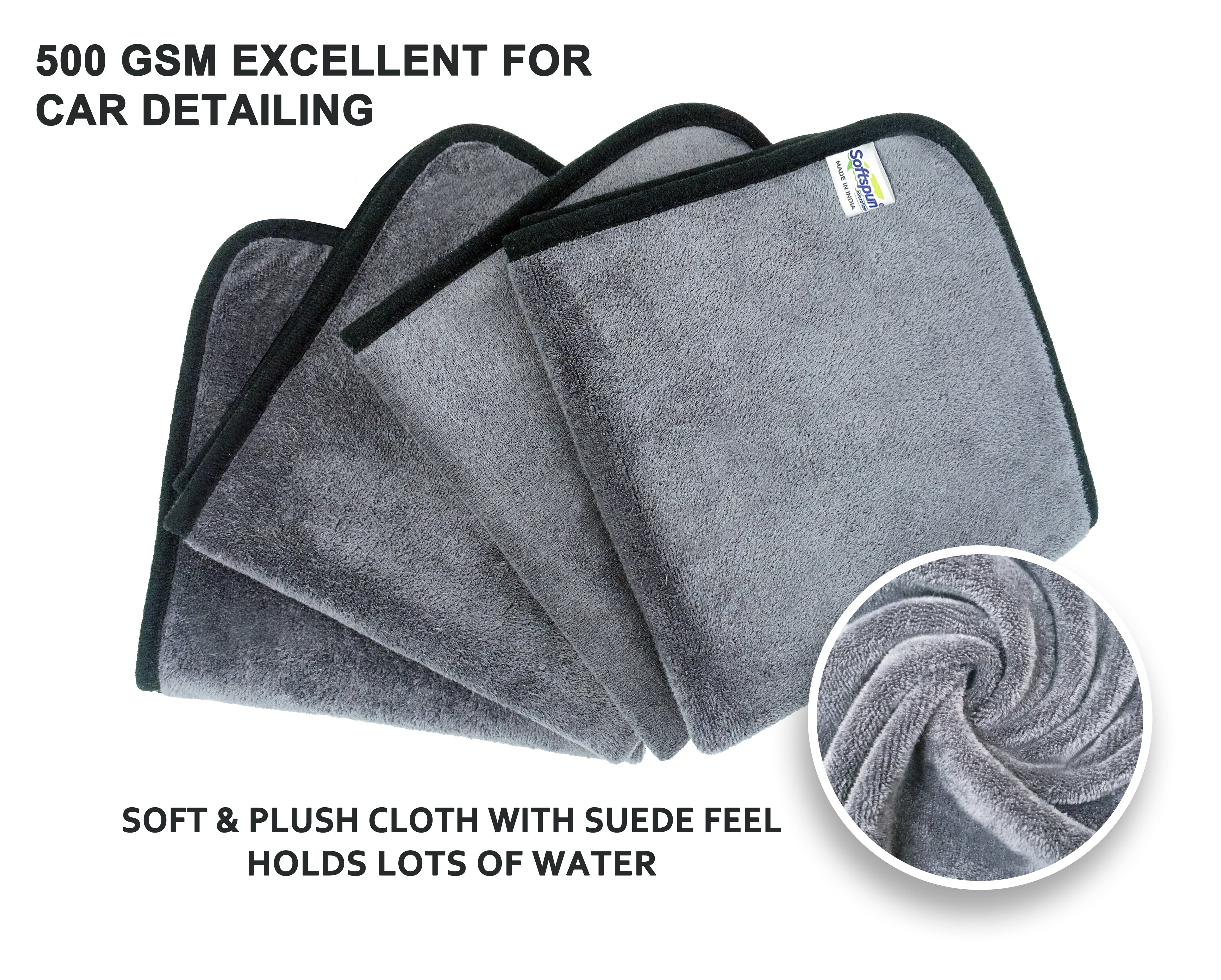 SOFTSPUN Microfiber Super Absorbent Cloth, 500 GSM, Grey! Silk Banded Edge Towel Set, Extra Thick Microfiber Cleaning Cloths Perfect for Bike, Auto, Cars Both Interior and Exterior.