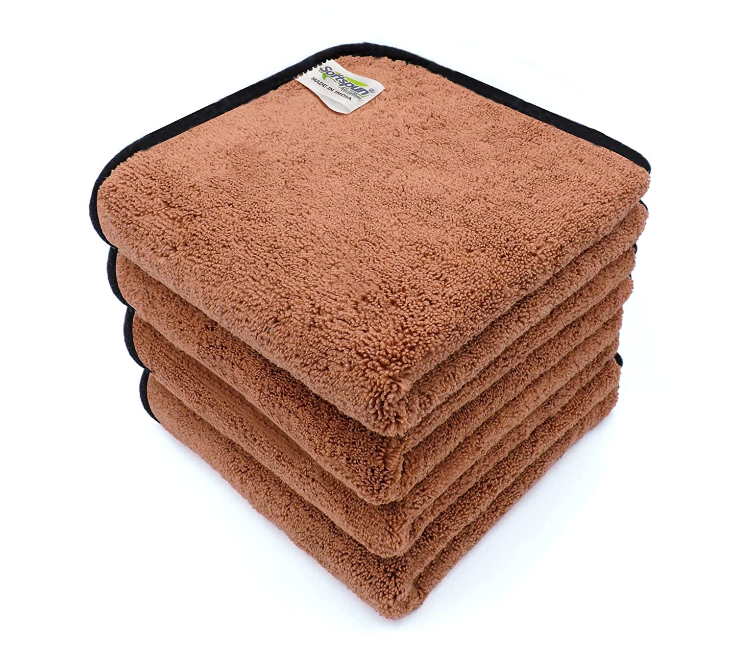 SOFTSPUN Microfiber High, Loop Silk Banded Edges,Car Cleaning Cloths, 40x40cms 4pcs Towel Set 380 GSM Highly Absorbent, Multi-Purpose Cleaning Cloth