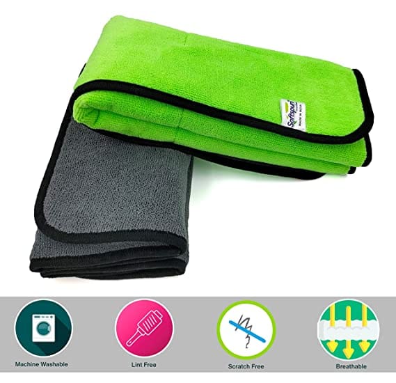 SOFTSPUN 680 GSM, Microfiber Super Absorbent Cloth 40x60 Cms 2 Piece Grey+Green Towel Set, Extra Thick Microfiber Cleaning Cloths Perfect for Bike, Auto, Cars Both Interior and Exterior.