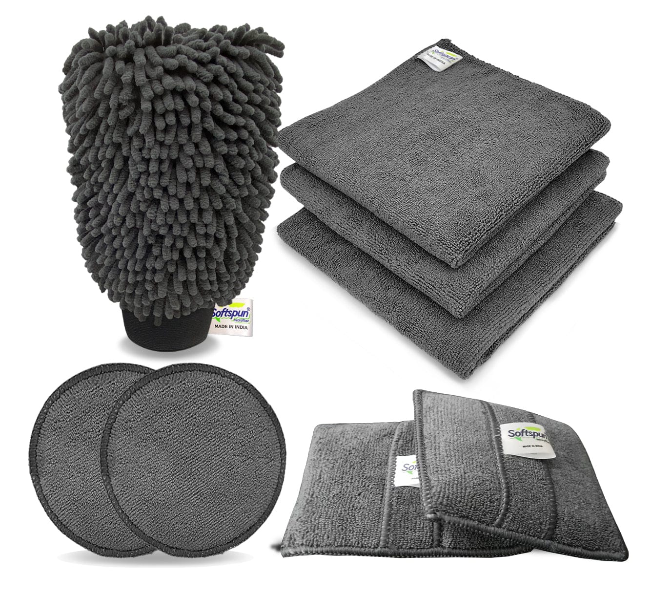 SOFTSPUN Microfiber Chenille & SingleSide Gloves 1700GSM & 2Round & 2 Square Polishing Pads with Towel 340GSM 3Piece! Pack of 8Combo Grey Multipurpose Super-Absorbent and Perfect Car wash Cleaning kit