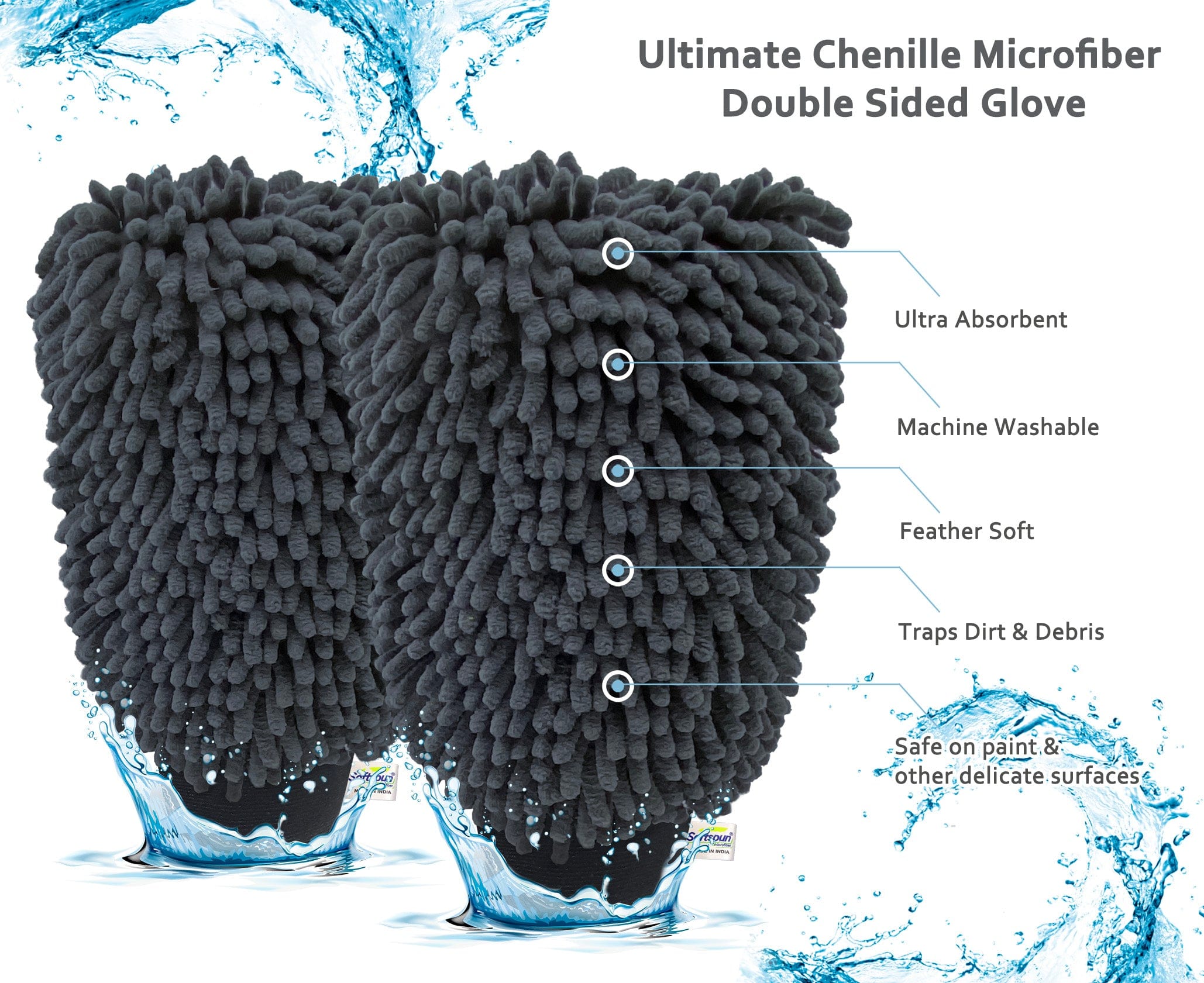 SOFTSPUN Microfiber Chenille & Glass Cloth Mitt,1700 GSM , Multi-Purpose Super Absorbent and Perfect Wash Clean with Lint-Scratch Free Cars, Window, Kitchen, Home Dusting!.