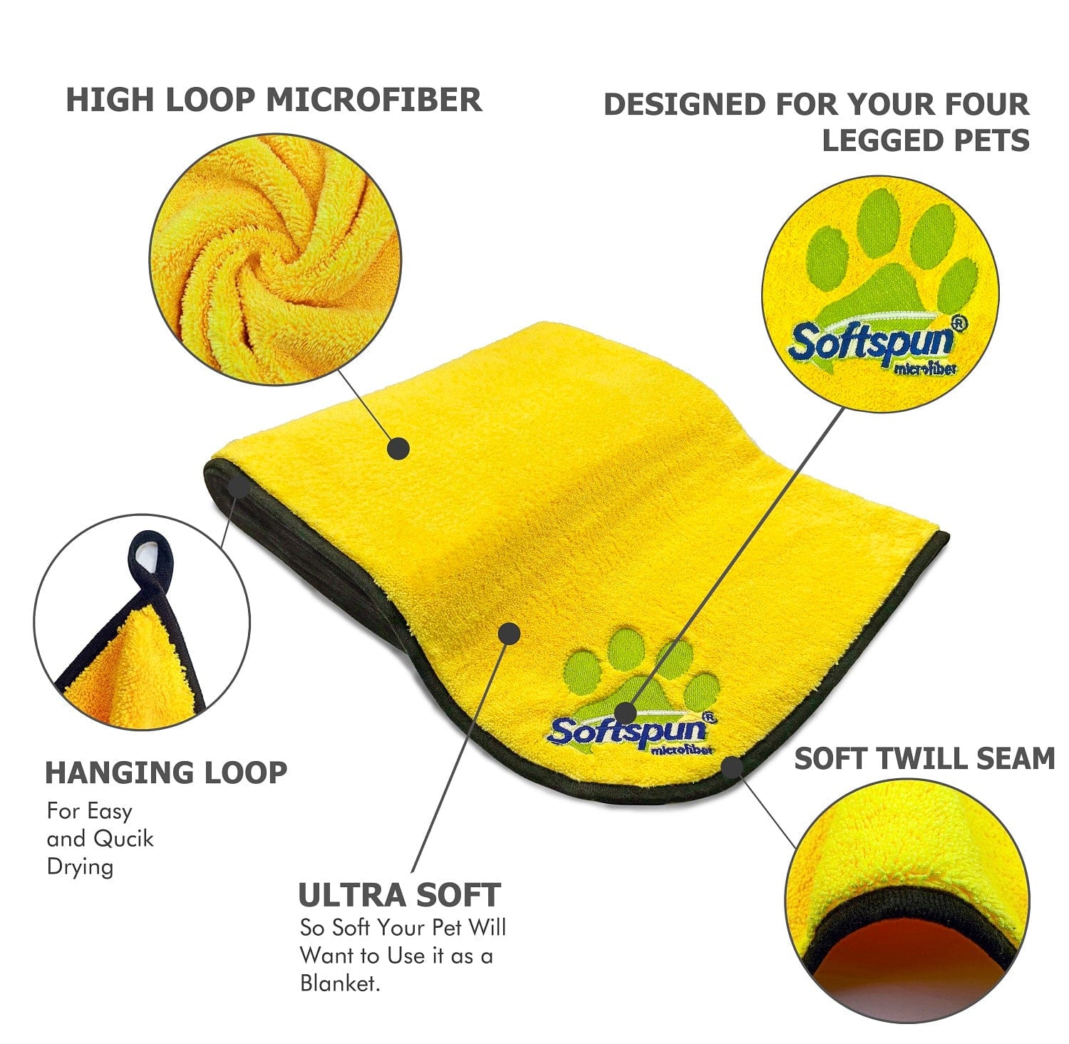 SOFTSPUN Microfiber Pet Towel 380 GSM. Ultra-Absorbent for Drying Pets Quickly. Quick-Drying, Machine Washable, Ultra-Soft for Small Dogs & Cats of All Breeds.