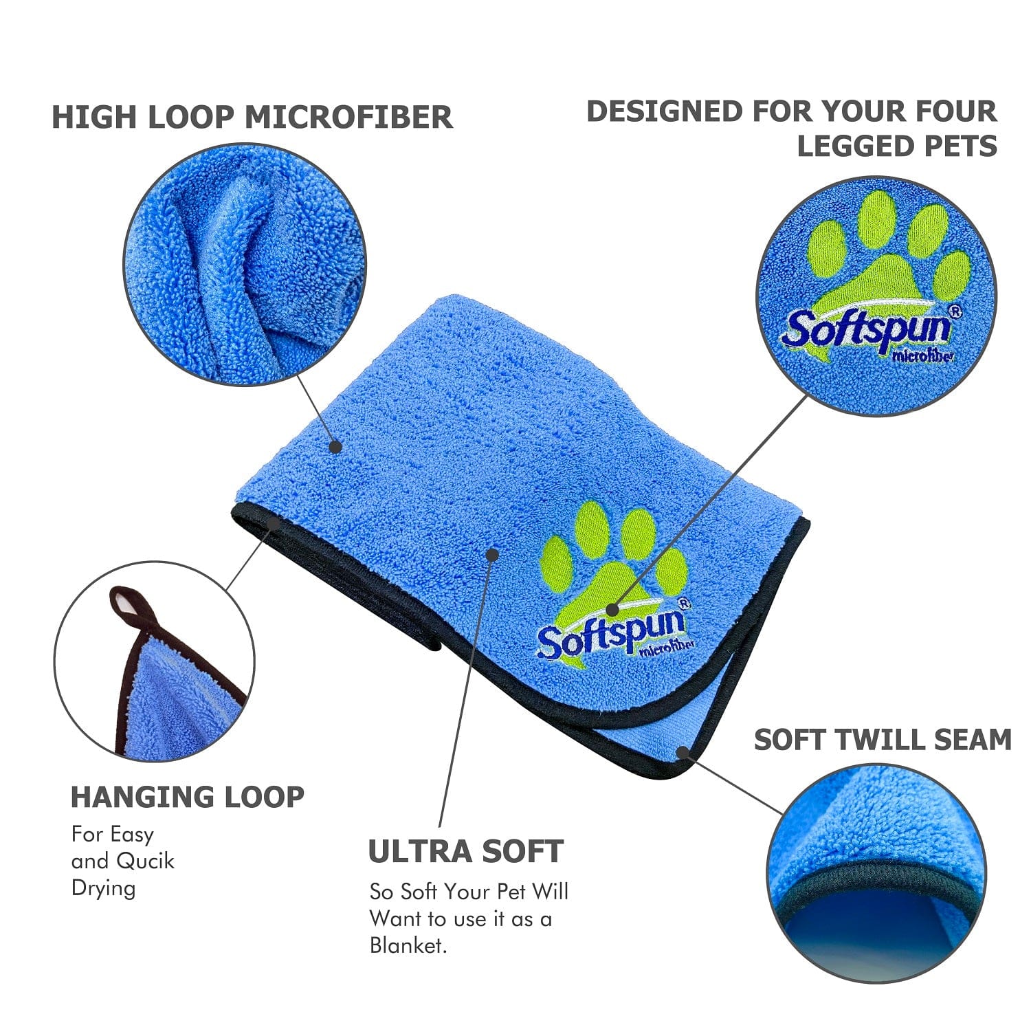 SOFTSPUN Microfiber Pet Towel 380 GSM. Ultra-Absorbent for Drying Pets Quickly. Quick-Drying, Machine Washable, Ultra-Soft for Small Dogs & Cats of All Breeds.