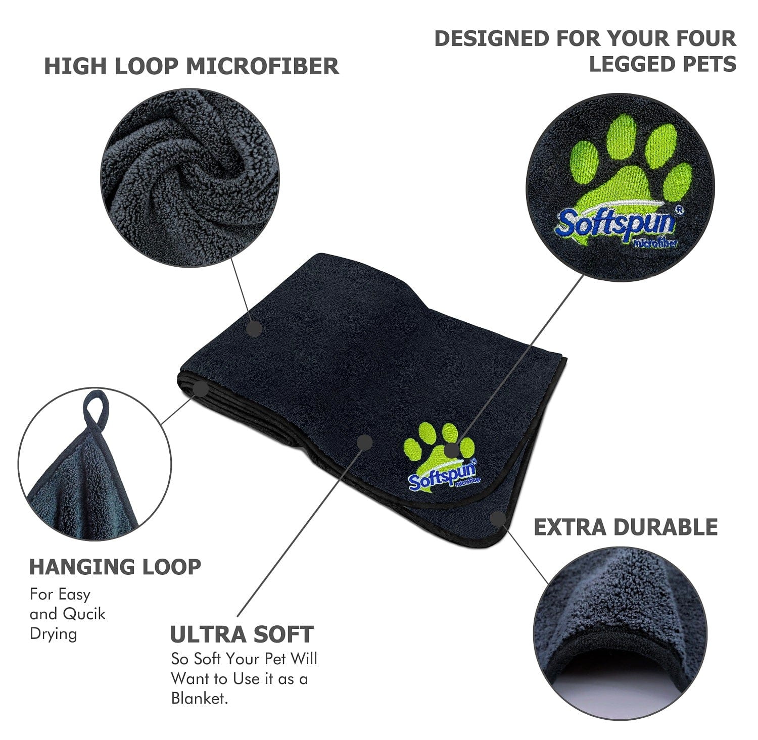 SOFTSPUN Microfiber Pet Towel 380 GSM. Ultra-Absorbent for Drying Pets Quickly. Quick-Drying, Machine Washable, Ultra-Soft for Small Dogs & Cats of All Breeds.